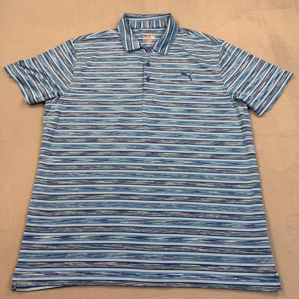 Puma Polo Shirt Mens XL Blue Stripe Golf DryCELL Stretch Performance Top